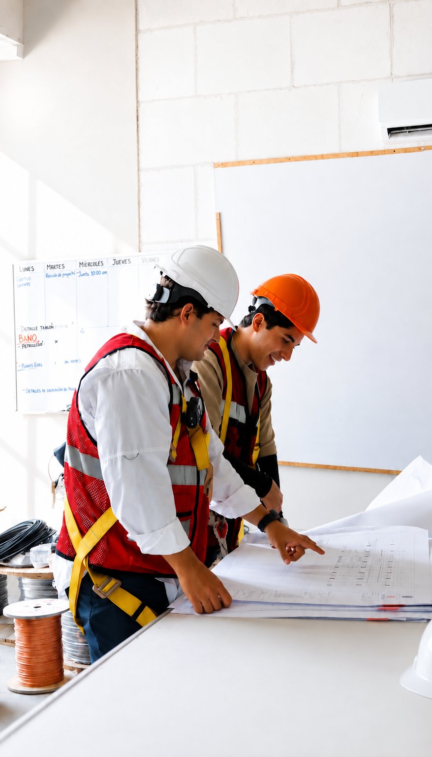 Dos ingenieros revisando un plano en obra